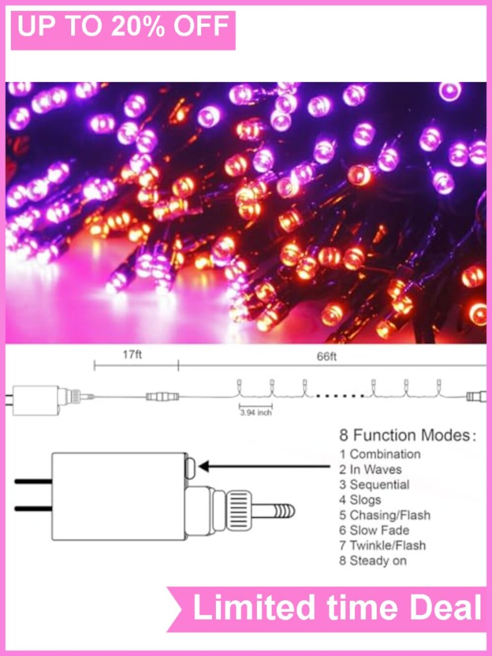 66FT 200 LED String Lights 8 Modes Waterproof Plug In Timer Connectable - Picture 2 of 5